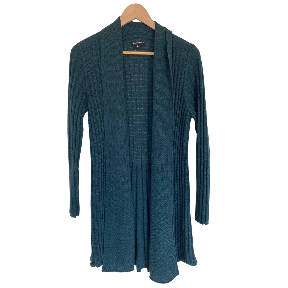 Stambecco Teal Ribbed Knit Open Front Cardigan Made in Italy Wool Blend Large